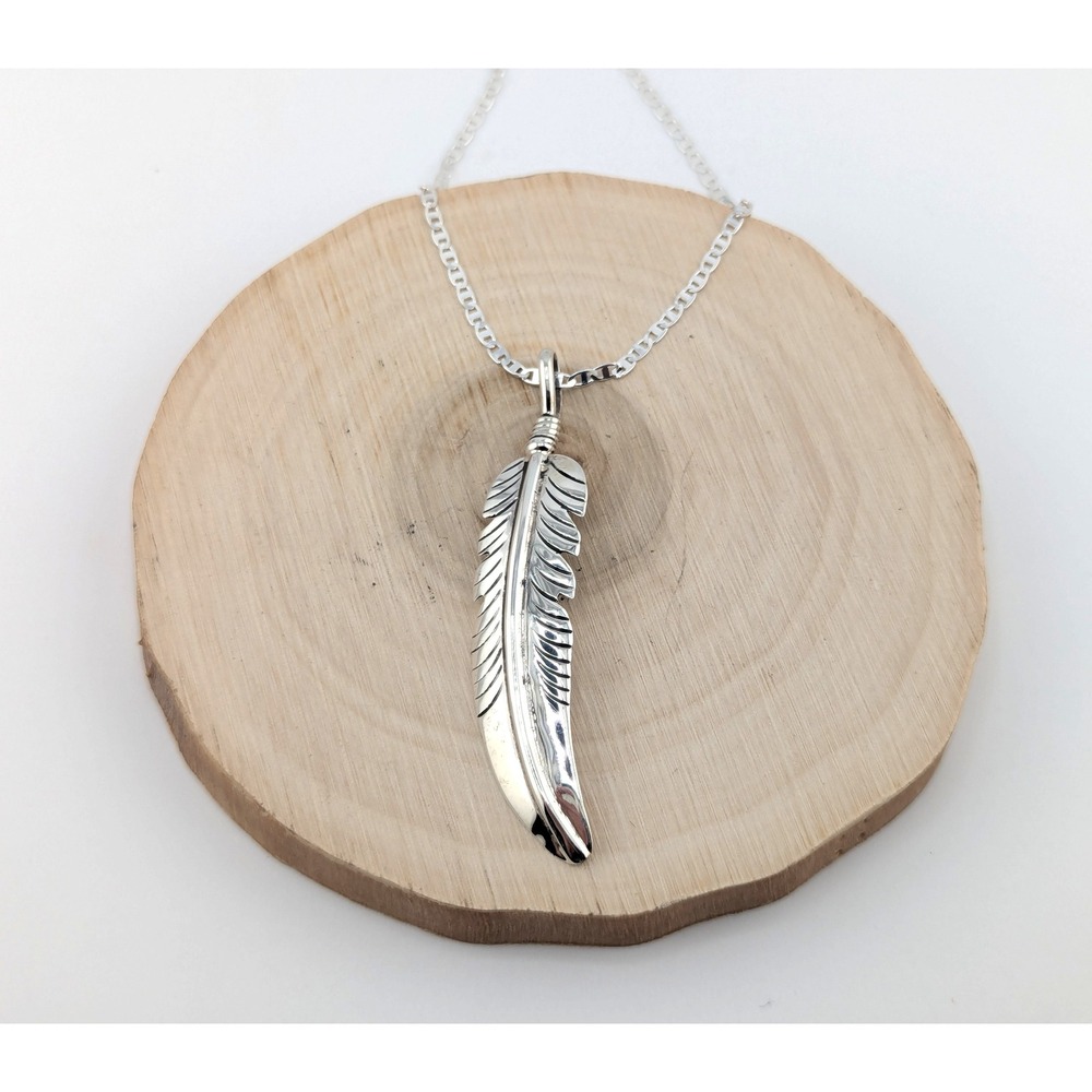 Handmade Navajo Sterling‎ Silver Feather Pendant Necklace NA Jewelry **